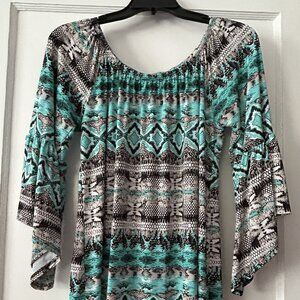 Pheasant Boho Tunic Top Aztec printed Aqua Green/Black color Size M